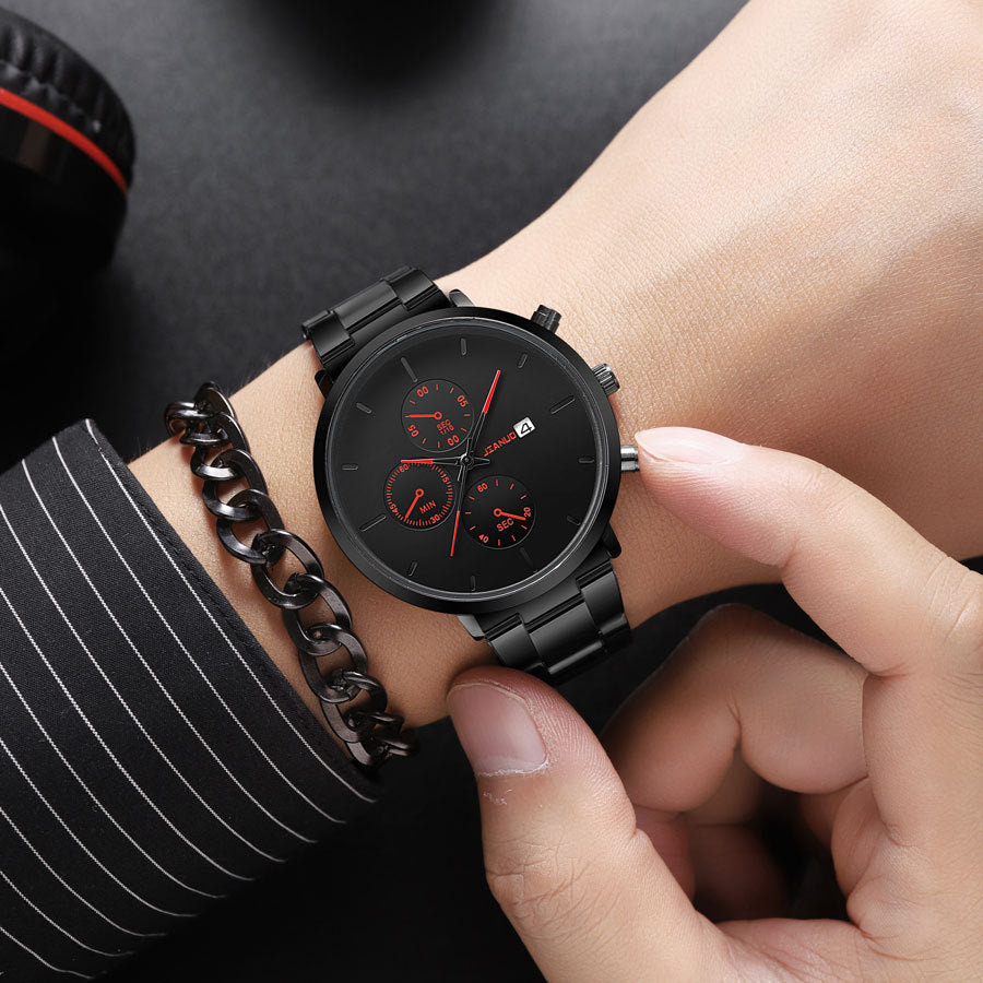 Simple Trend Three-eye Calendar Alloy Band Quartz Watch