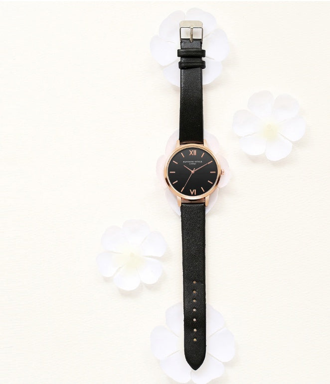 PU leather strap rose gold fashion casual fashion watch ladies black dial watch female models