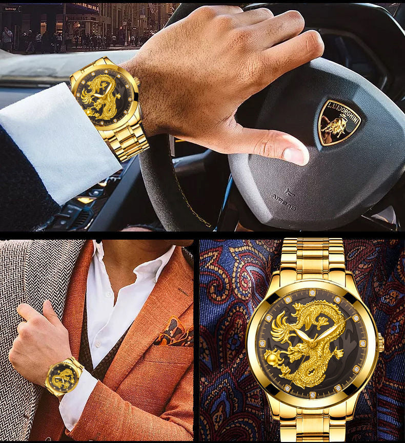 Classic Chinese Style Embossed Golden Dragon Watch