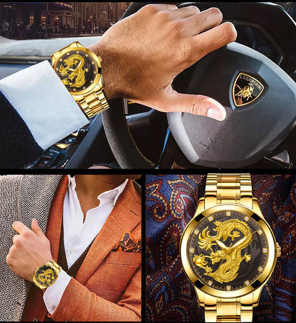 Classic Chinese Style Embossed Golden Dragon Watch