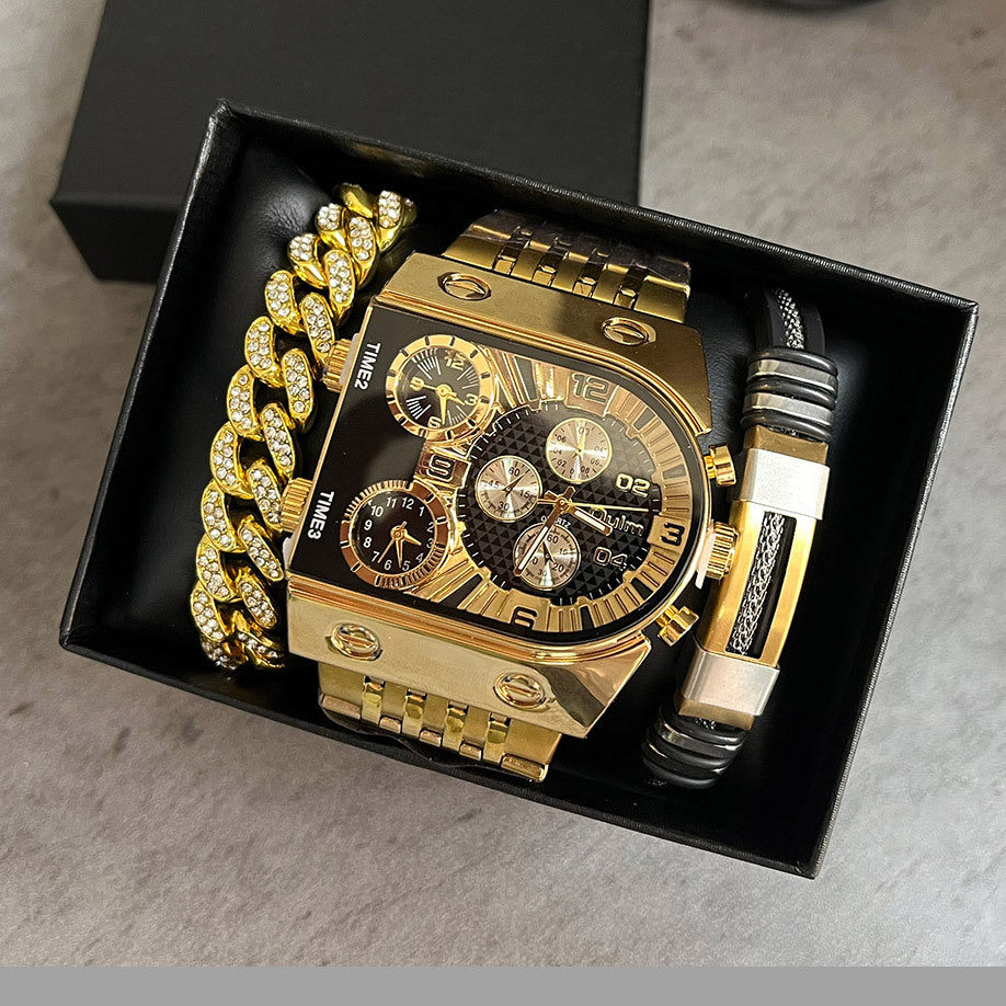Multi-timezone Large-dial Luminous Men's Watch With Steel Strapcasual Cross-border Quartz Wristwatch