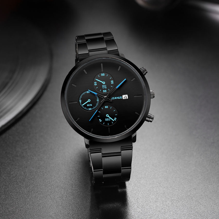 Simple Trend Three-eye Calendar Alloy Band Quartz Watch