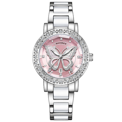 Butterfly Diamond-encrusted Luxury Women's Watch With Calendar And Steel Strap