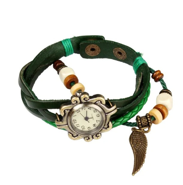 Beautiful Bohemian Style Retro Handmade Leather Angel Wing Women's Watches