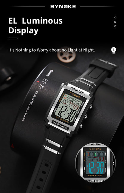 Men's Retro Rectangular Sports Waterproof Luminous Electronic Watch