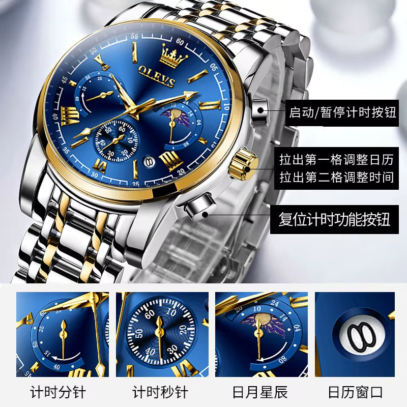 Brand Original Certification Men'S Watches Moon Phase Waterproof Quartz Watch for Man Chronograph Calendar Fashion Watch