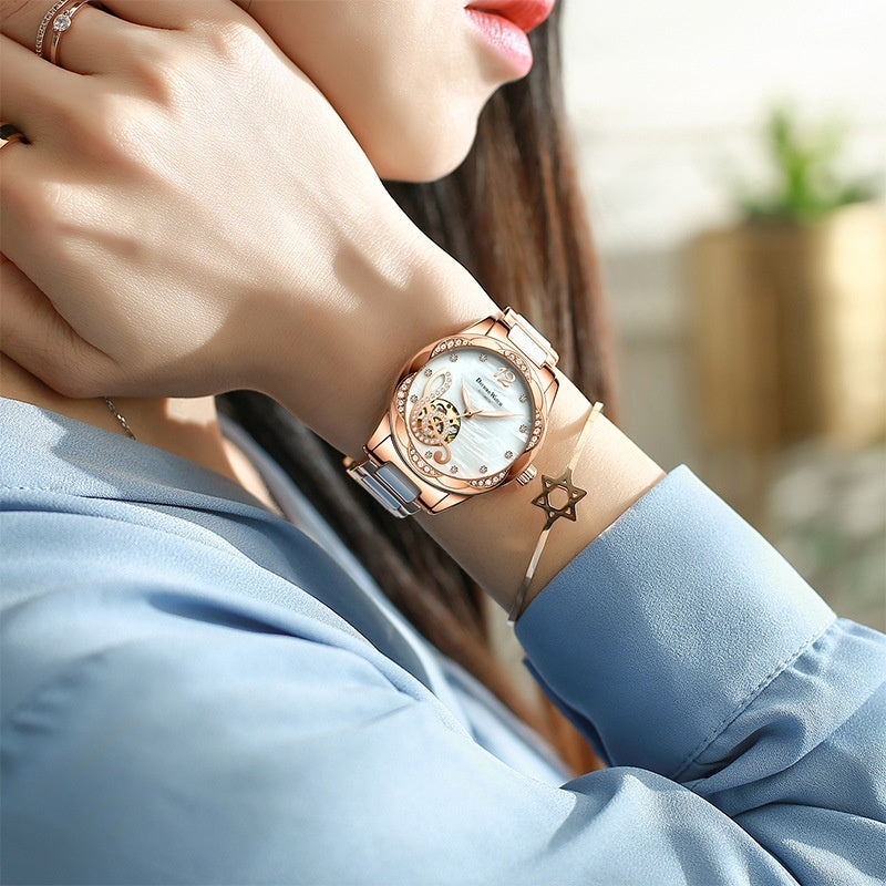 Deyi Bird Wine-Red Note Hollowed-Out Fully Automatic Mechanical Women's Watch