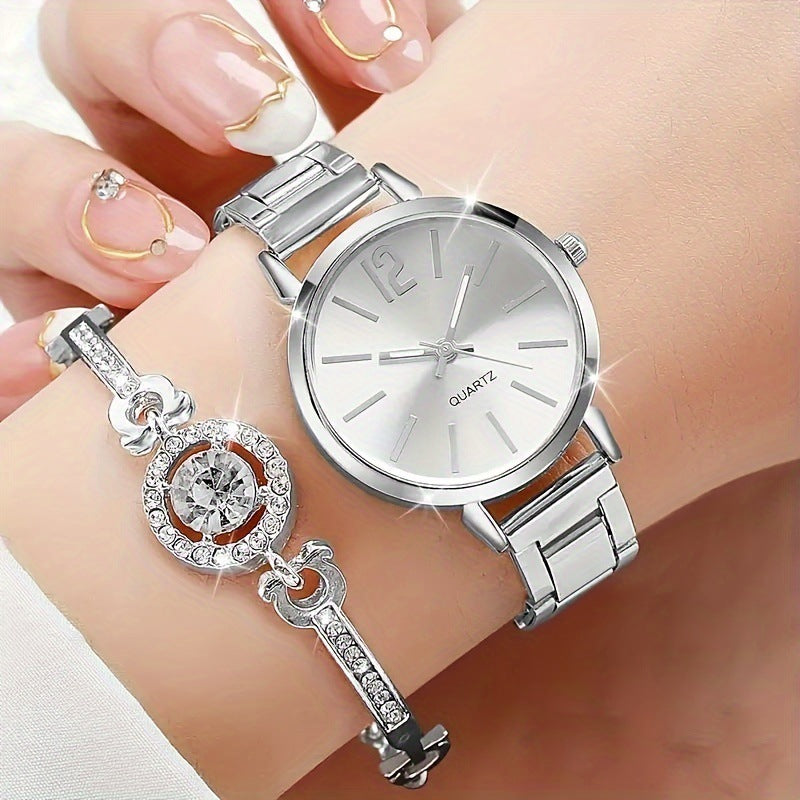 Small Silver Dial With Delicate Steel Strap, Five-piece Set For Women