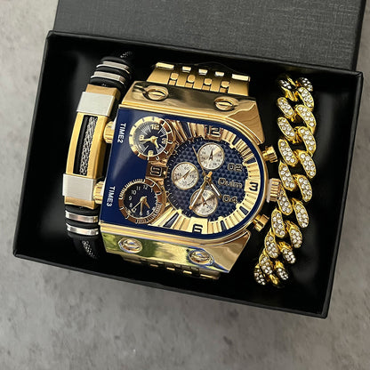 Multi-timezone Large-dial Luminous Men's Watch With Steel Strapcasual Cross-border Quartz Wristwatch