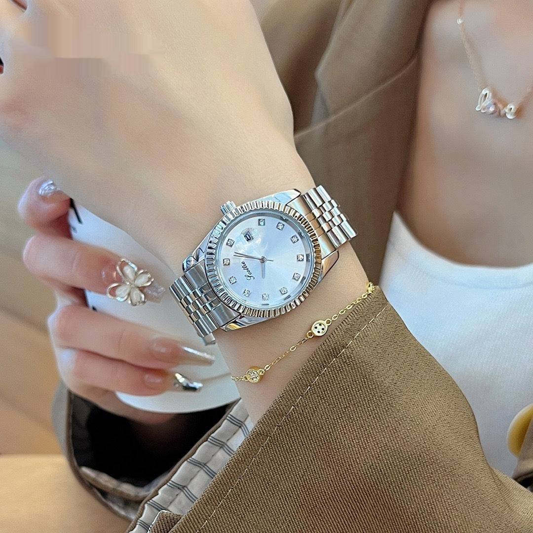 Women's Simple Elegant Solid Steel Belt Calendar Watch