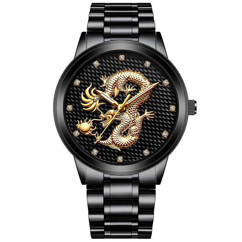 New Men's Embossed Golden Dragon Playing With Beads Diamond-inlaid Casual Business Quartz Watch